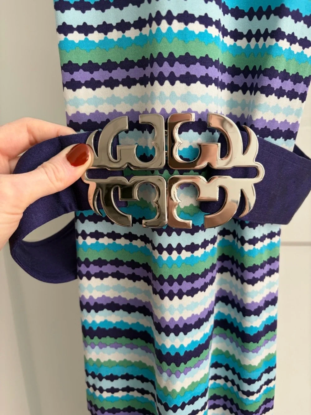 Tory Burch Striped Midi Dress in Navy, Aqua, White